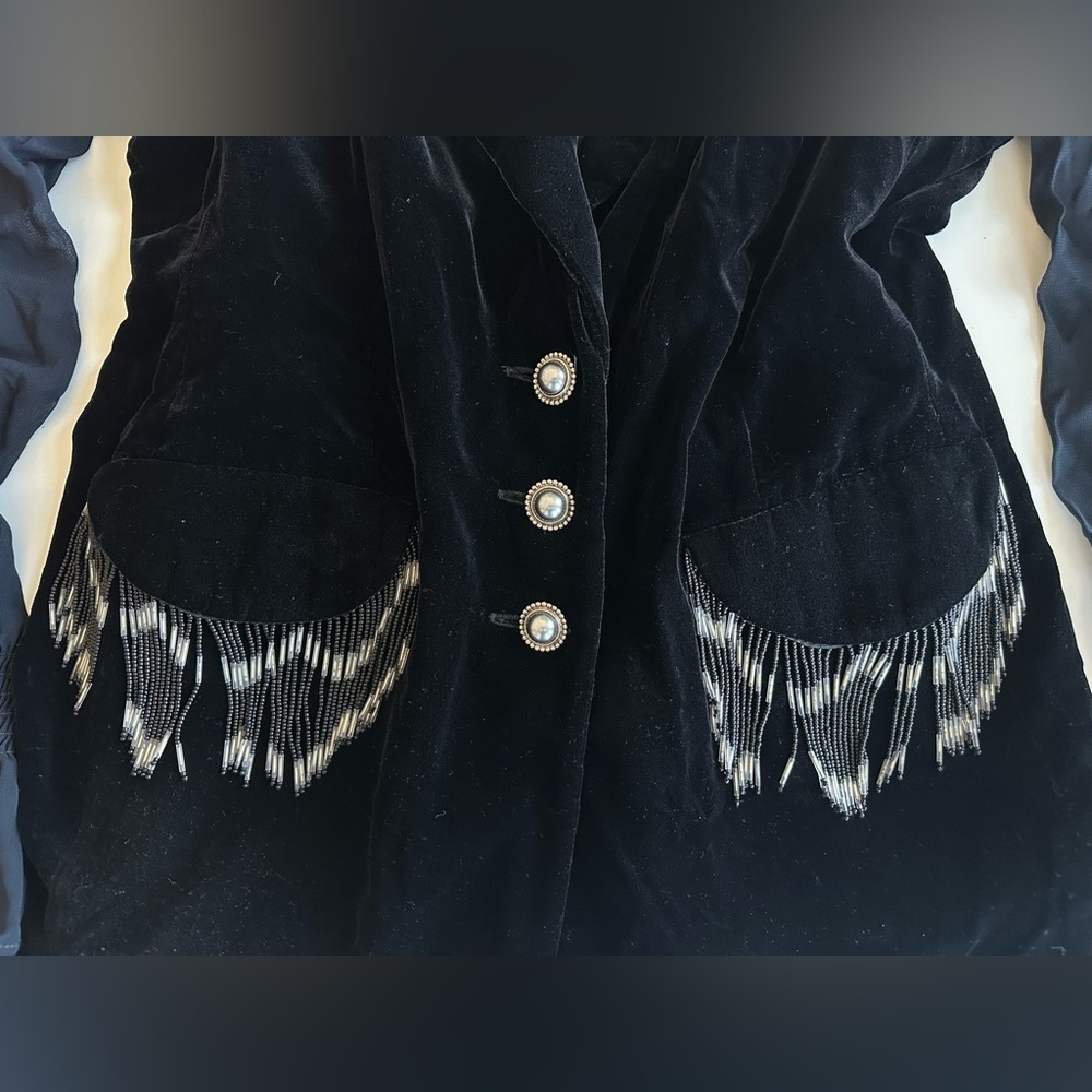 Vtg 80s Dorothy Schoelen Velvet Evening Silk Sheer Sleeves beaded Fringe Blazer - Picture 3 of 15